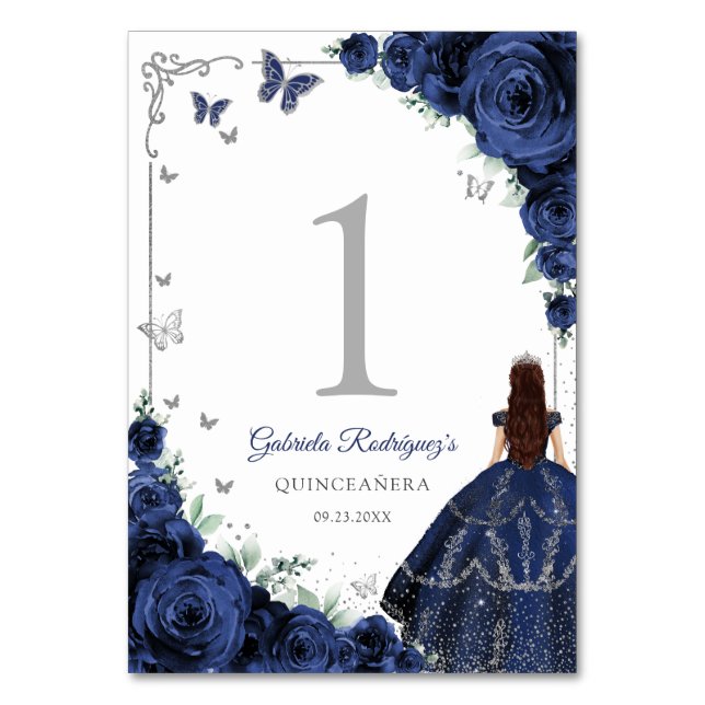Elegant Chic Royal Blue Roses Silver Quinceanera Table Number (Front)