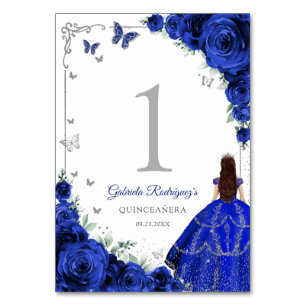 Elegant Chic Royal Blue Roses Silver Quinceanera Table Number