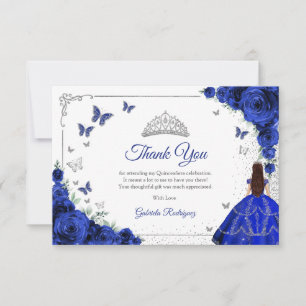 Elegant Chic Royal Blue Roses Silver Quinceanera Thank You Card