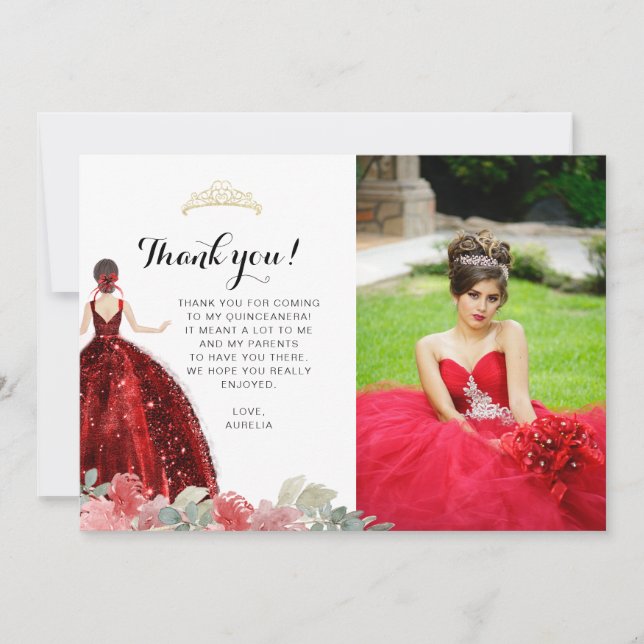 Elegant Chic Ruby Red Floral Geometric Quinceañera Thank You Card (Front)