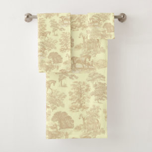 Elegant Chic Rustic Horse Beige Cream Toile Bath Towel Set