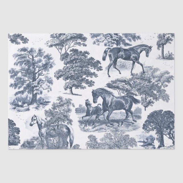 Elegant Chic Rustic Horses Blue White Toile  Tissue Paper (Front)