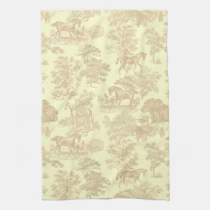 Elegant Chic Rustic Horses Toile Beige Cream Tea Towel