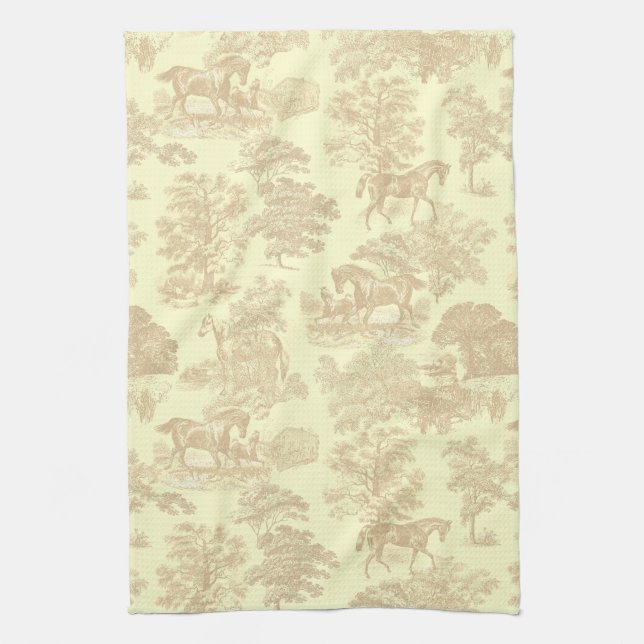Elegant Chic Rustic Horses Toile Beige Cream Tea Towel (Vertical)