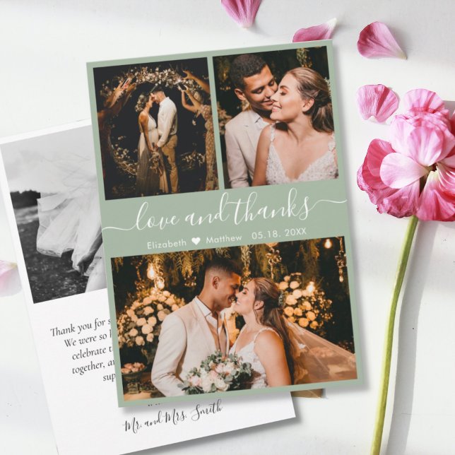 Elegant Chic Sage Green 3 Photo Collage Wedding Thank You Card (Creator Uploaded)