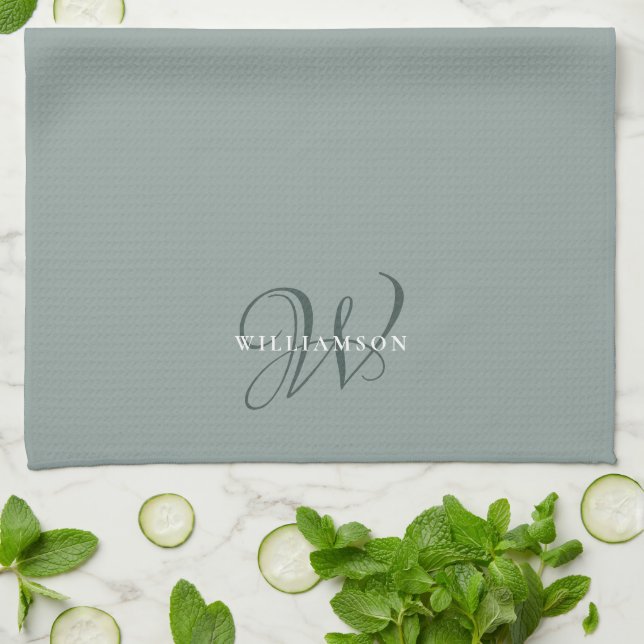 Elegant Chic Sage Green Family Monogram  Tea Towel (Folded)