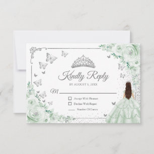 Elegant Chic Sage Green Silver Quinceanera Reply RSVP Card