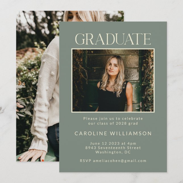 Elegant Chic Sage Green Two Photo Graduation Party Invitation (Front/Back)