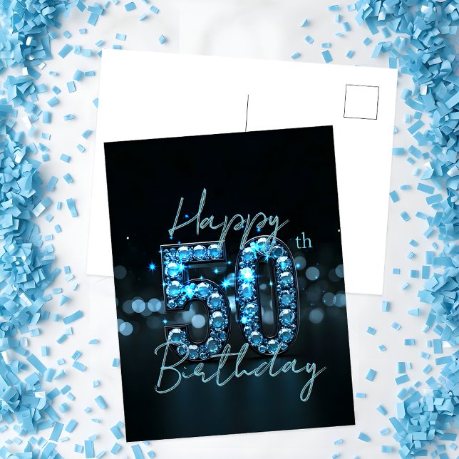 Elegant Chic Sapphire Blue and Black 50th Birthday Postcard (Creator Uploaded)
