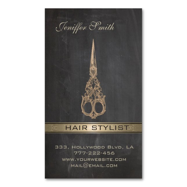 Elegant chic scissors chalkboard hair stylist 	Magnetic business card (Front Vertical)