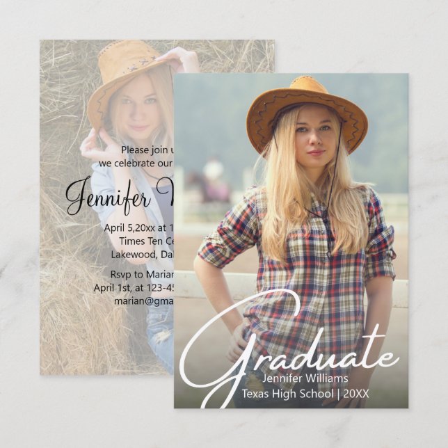 elegant chic script 2 photo graduation party  invitation (Front/Back)
