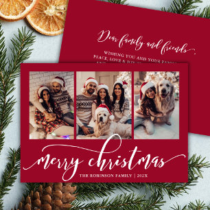 Elegant Chic Script 3 Photo Collage Red Christmas Holiday Card