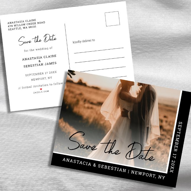 Elegant Chic Script Black and White Photo Wedding  Announcement Postcard (Elegant Chic Script Black and White Photo Wedding Announcement Postcard)