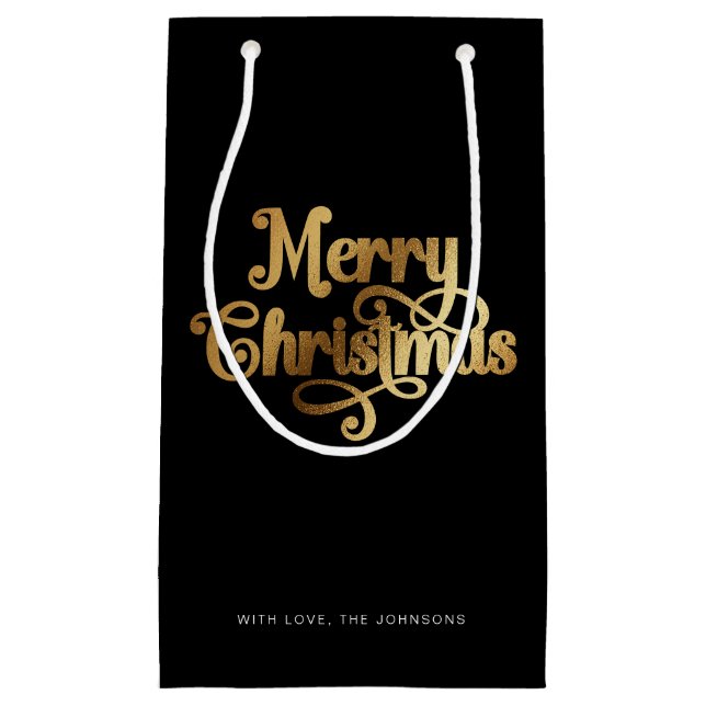Elegant Chic Script Black Gold Merry Christmas Small Gift Bag (Front)