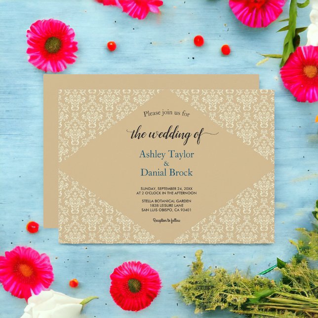 Elegant Chic Script Damask Beige Formal Wedding Invitation (Creator Uploaded)