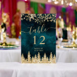 Elegant chic script Gold and Teal Winter Christmas Table Number<br><div class="desc">his stunning Christmas winter table number card features a rich teal background,  glittering gold snowflakes,  and a festive pine tree design. Perfect for winter weddings,  holiday parties,  or elegant Christmas celebrations,  it adds a touch of sophistication and warmth to your table settings.</div>