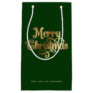 Elegant Chic Script Green Gold Merry Christmas Small Gift Bag
