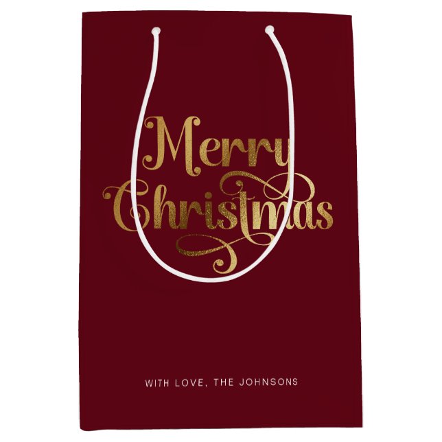 Elegant Chic Script Red Gold Merry Christmas Medium Gift Bag (Front)