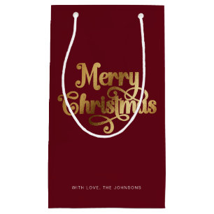 Elegant Chic Script Red Gold Merry Christmas Small Gift Bag