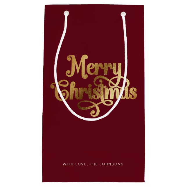 Elegant Chic Script Red Gold Merry Christmas Small Gift Bag (Front)