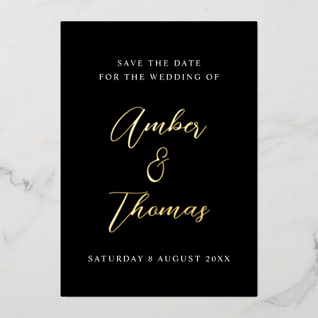 Elegant Chic Script Save the Date Black & Gold (Front)