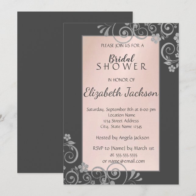 Elegant Chic Silver Flowers Bridal Shower Invitation (Front/Back)