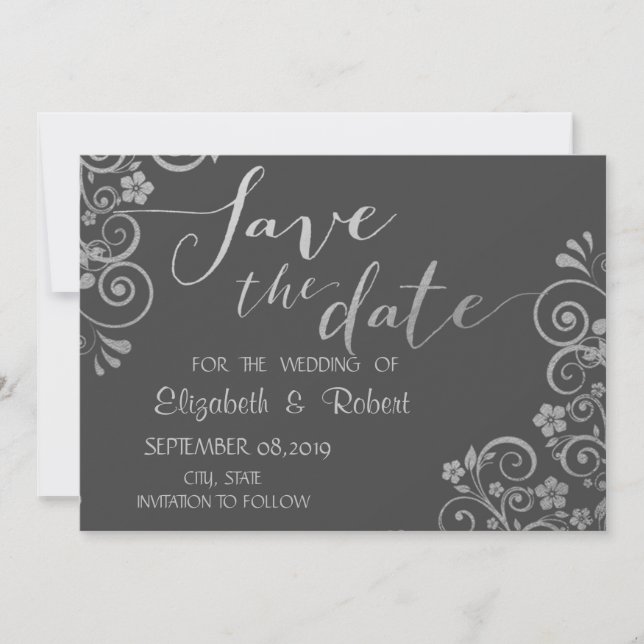 Elegant Chic Silver  Flowers Save The Date (Front)
