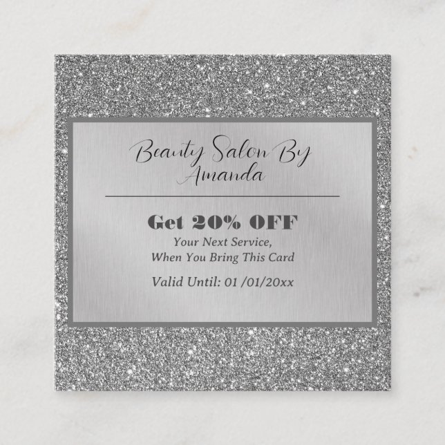 Elegant Chic Silver Foil Glitter Glamourous Salon  Discount Card (Front)