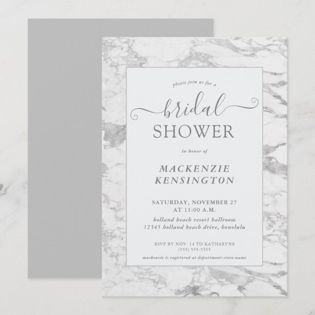 Elegant Chic Silver Foil Marble Bridal Shower Invi Invitation (Front/Back)