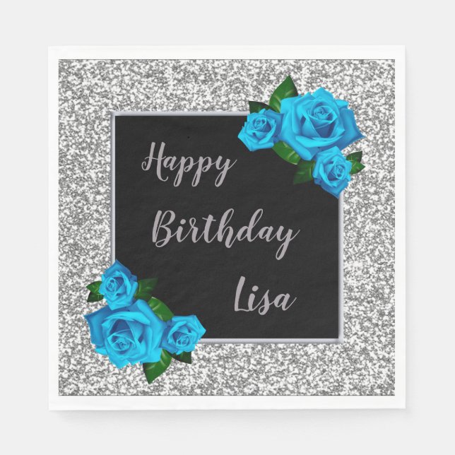 Elegant Chic Silver Glitter Blue Roses Birthday Napkin (Front)