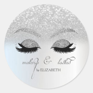 Elegant Chic Silver Glitter Bokeh, Faux Lashes Classic Round Sticker