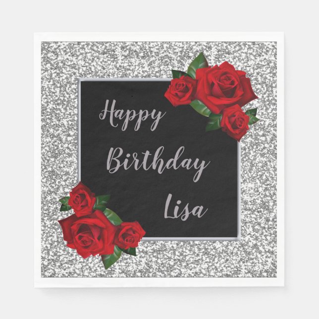 Elegant Chic Silver Glitter Red Roses Birthday Napkin (Front)