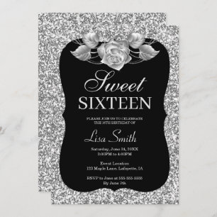 Elegant Chic Silver Glitter Silver Rose Sweet 16 Invitation