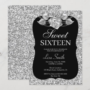Elegant Chic Silver Glitter Silver Rose Sweet 16 Invitation