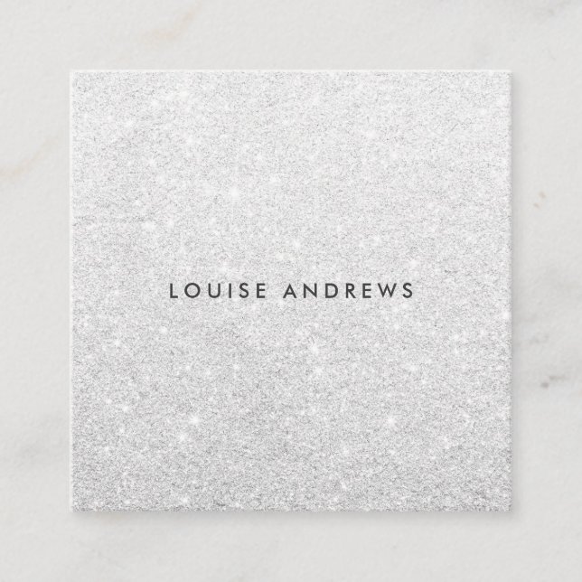 Elegant chic silver glitter simple white beauty square business card (Front)
