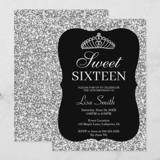 Elegant Chic Silver Glitter Tiara Sweet 16 Invitation (Front/Back)
