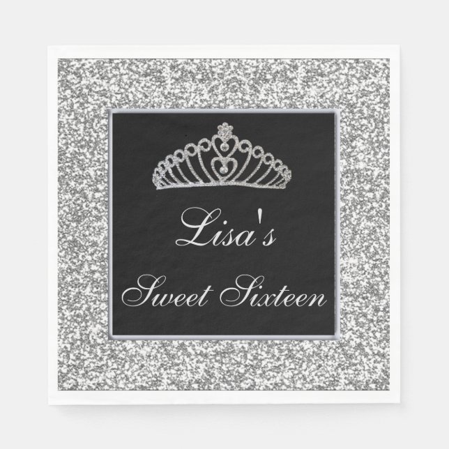 Elegant Chic Silver Glitter Tiara Sweet 16 Napkin (Front)