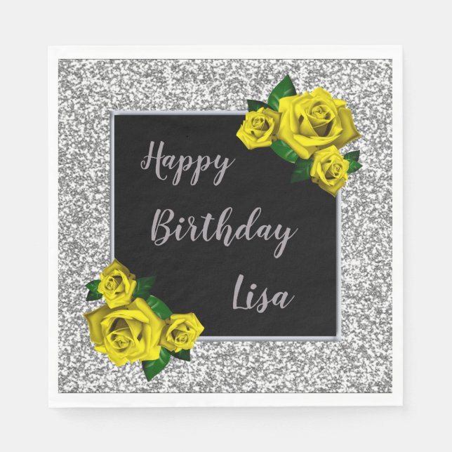Elegant Chic Silver Glitter Yellow Roses Birthday Napkin (Front)