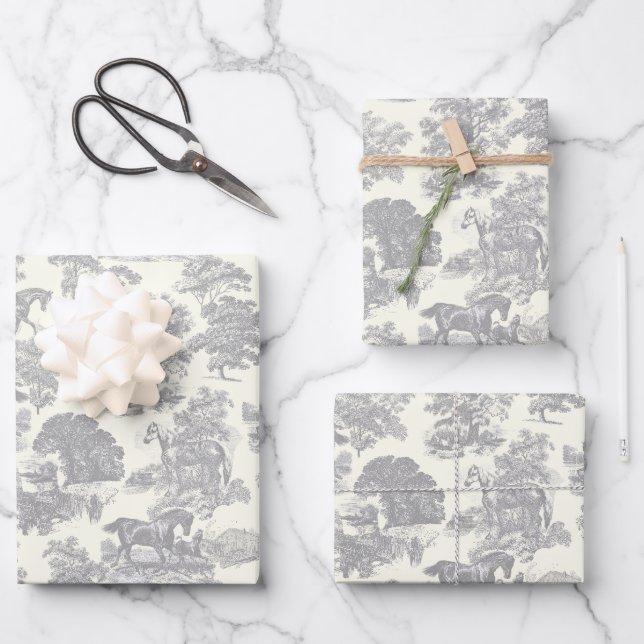 Elegant Chic Silver Grey Horse Toile Wrapping Paper Sheet (Front)