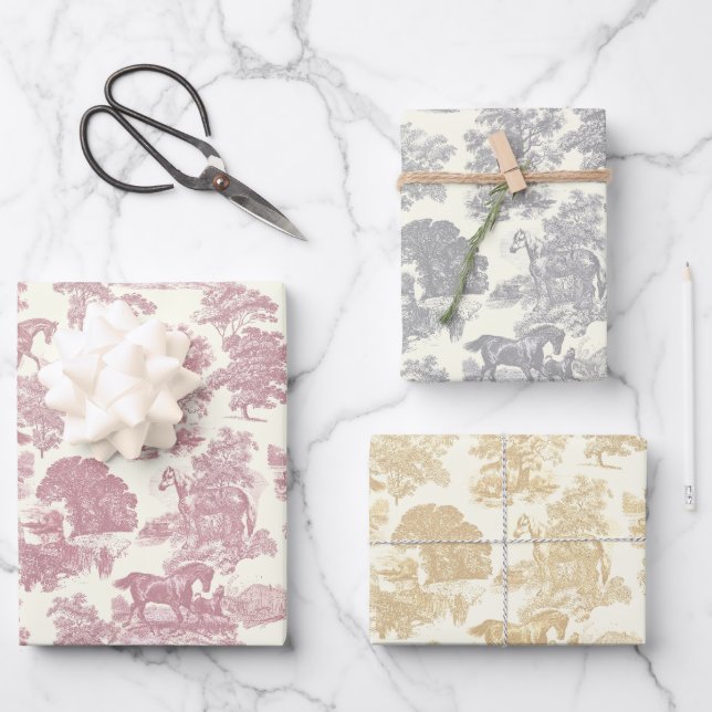 Elegant Chic Silver Grey Pink Beige Horse Toile Wrapping Paper Sheet (Front)