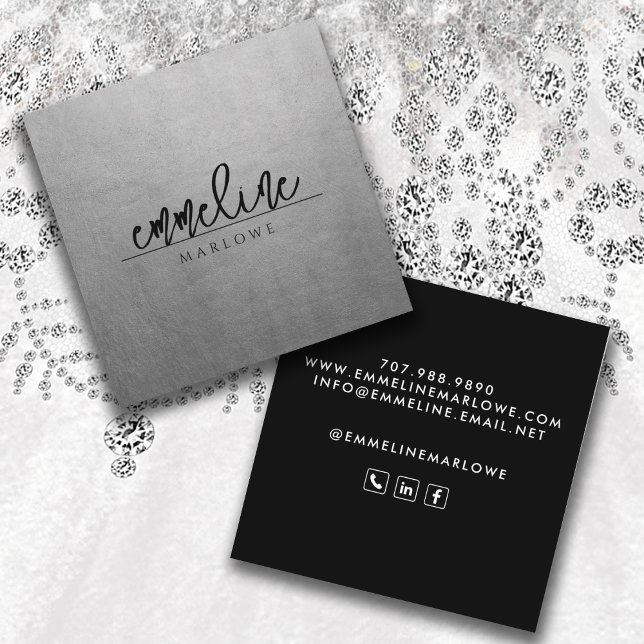 Elegant Chic Silver Modern Minimalist Black  Square Business Card (Creator Uploaded)