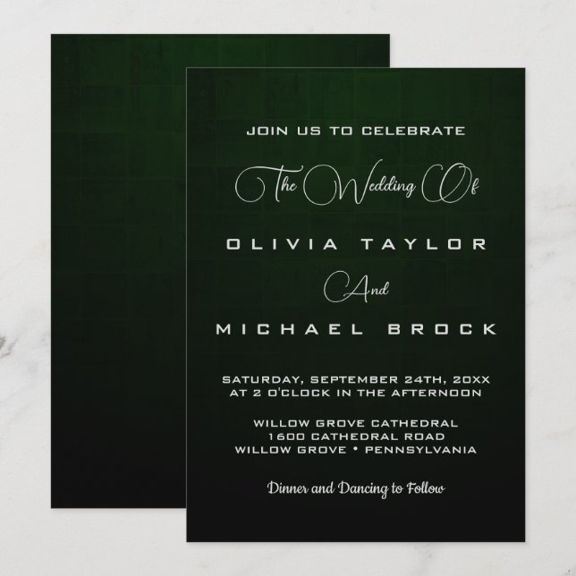 Elegant chic silver on dark green wedding invitation (Front/Back)