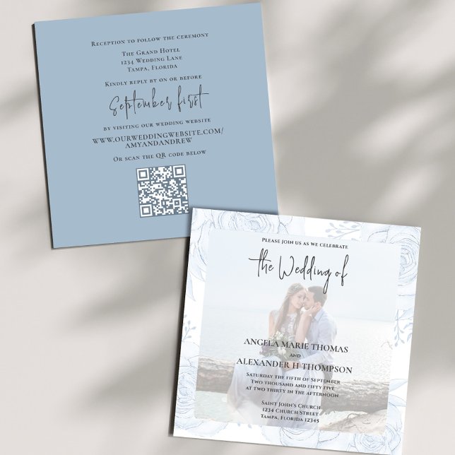 Elegant Chic Simple Classic Dusty Blue Floral RSVP Invitation (Simple elegant Photo wedding invitation with a QR code for rsvp, template. )