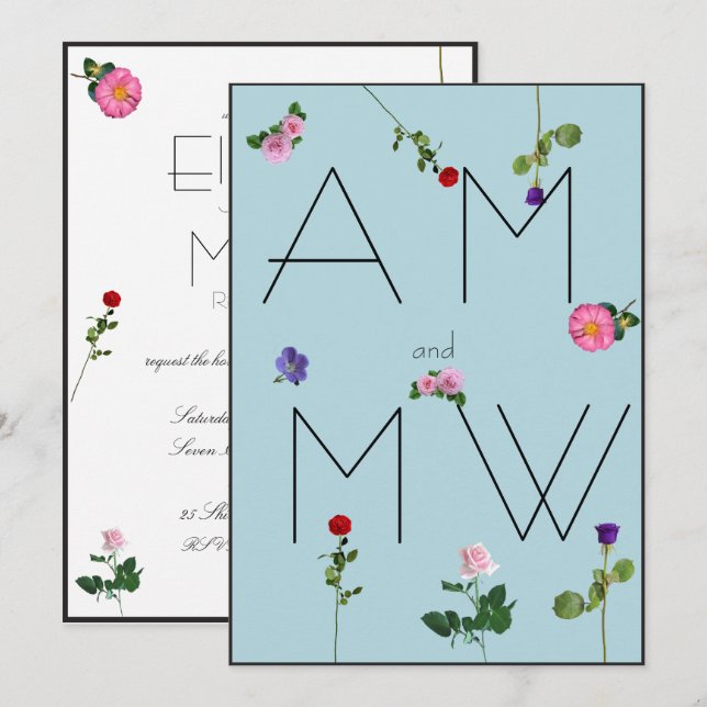 Elegant Chic Simple Floral Blue Wedding Invitation (Front/Back)