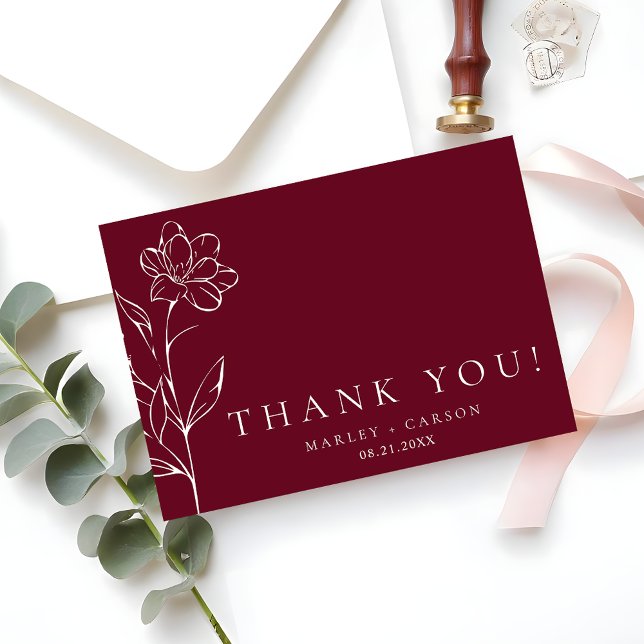 Elegant Chic Sketched Floral Burgundy Wedding Thank You Card (Creator Uploaded)