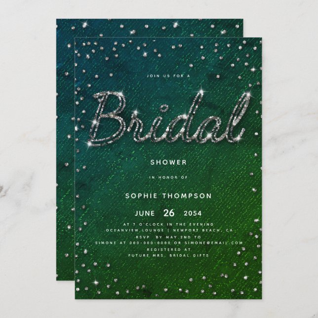 Elegant Chic Sparkle Glitter Emerald Bridal Shower Invitation (Front/Back)