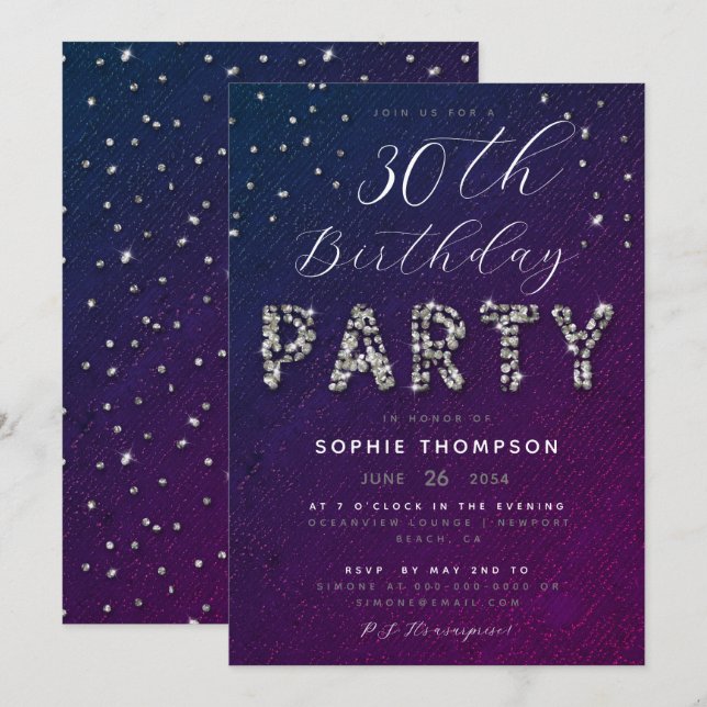 Elegant Chic Sparkle Glitter Purple Birthday Party Invitation (Front/Back)