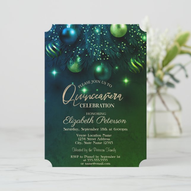 Elegant Chic Stylish Ornaments Green Quinceañera Invitation (Standing Front)