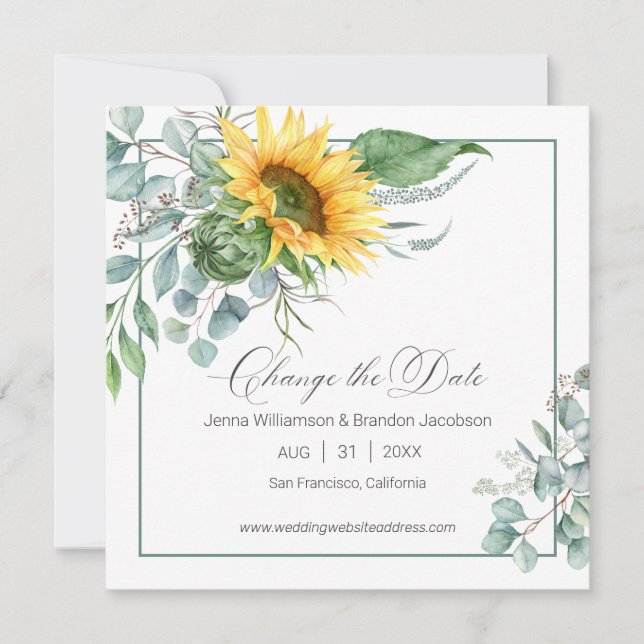 Elegant Chic Sunflower Eucalyptus Change the Date Save The Date (Front)