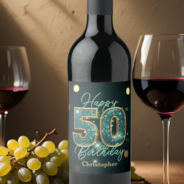 Elegant Chic Teal and Gold Metallic 50th Birthday Wine Label (Creator Uploaded)